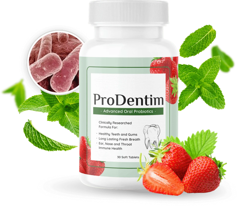 ProDentim oral probiotic supplement bottle, 30 soft tablets, with mint and strawberry