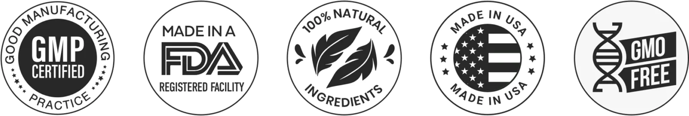 ProDentim quality badges: Good Manufacturing Practice certified, made in an FDA-registered facility, 100 percent natural ingredients, made in USA, non-GMO