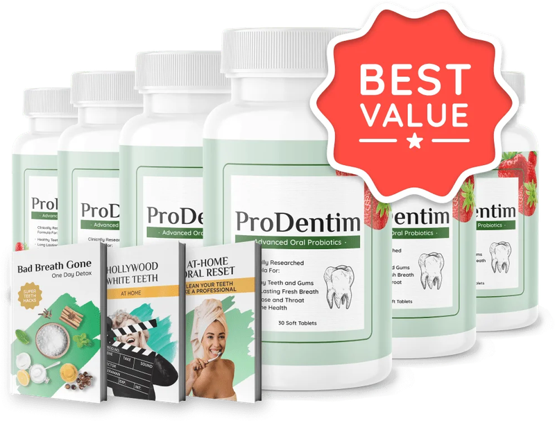 Six bottles of ProDentim, best value 180-day bundle with bonus guides