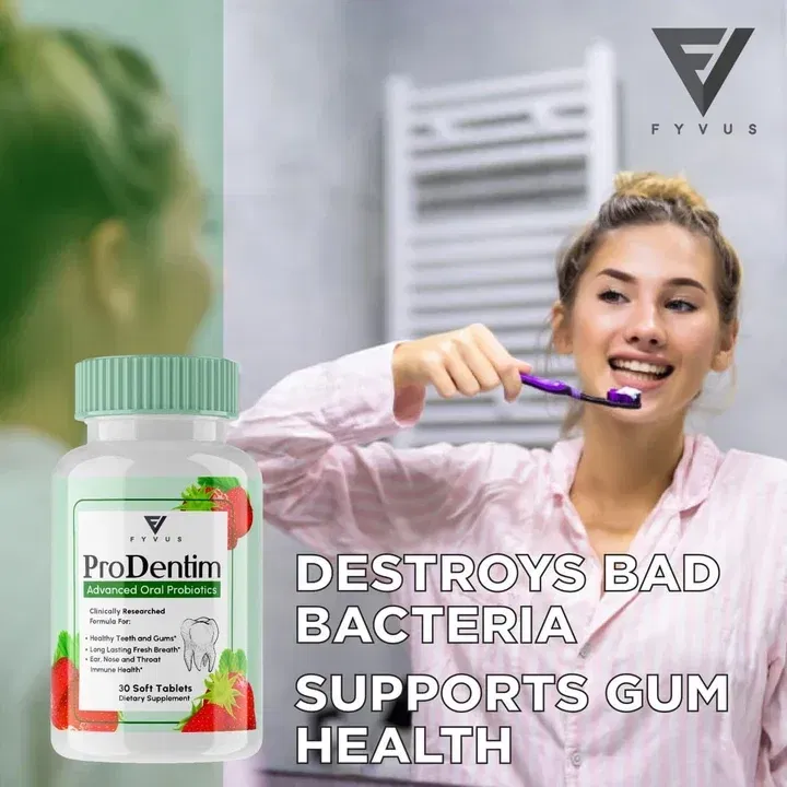 A person brushing their teeth alongside ProDentim as part of a daily oral care routine